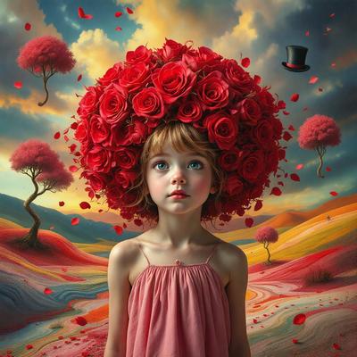 The primary subject of the image is a young girl with a head full of red flowers. She is wearing a pink dress and is surrounded by a vibrant and colorful environment. The setting includes a field with trees and a sky filled with clouds. The visual style of the image is a painting, which adds to the overall atmosphere and mood of the scene.